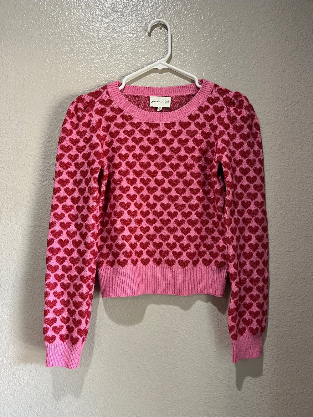 Freshman 1996 Pink Red Heart-Print Crewneck Sweater Sz S Casual Comfy Retro